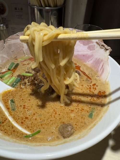 麺屋道頓 道頓堀本店のチャーシュー担々麺。胡麻のコクがあるスープと柔らかいチャーシューが特徴。麺はやや太め